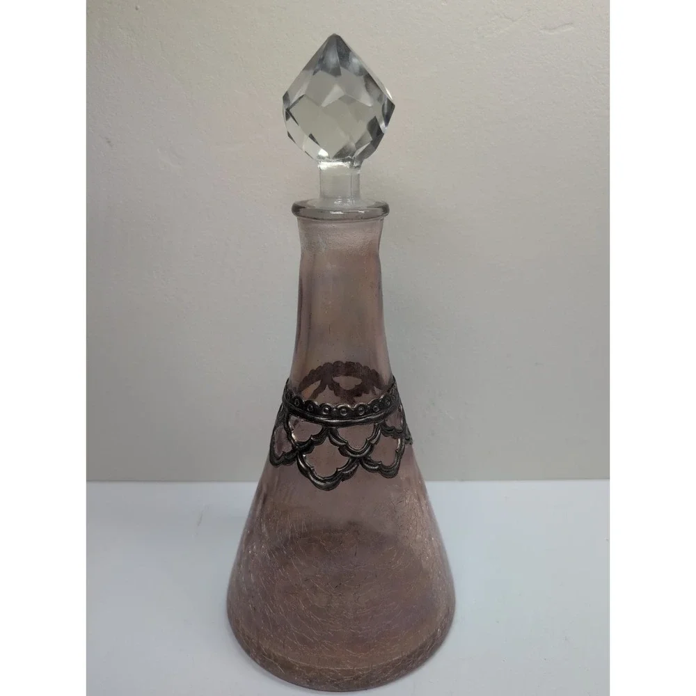 Vintage Decanter‎ Pink Crackle Glass w/ Detailed Silver Overlay  11 In